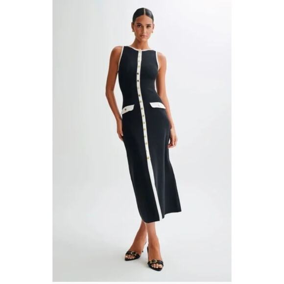 (S) NWT Meshki /Evenuel Sawyer Contrast Button Ribbed Maxi Dress Black/White - Picture 4 of 12